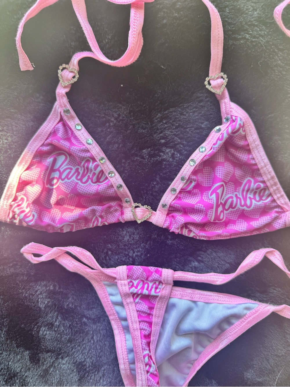 Barbie Pink Rhinestone Logo Triangle Bikini Set - Picture 2 of 2